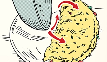 A cartoon illustration showing an iron pressing down on a taco, with red arrows indicating motion to make the perfect omelet.