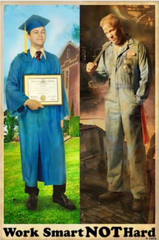 A man holding degree and a labor on the right.