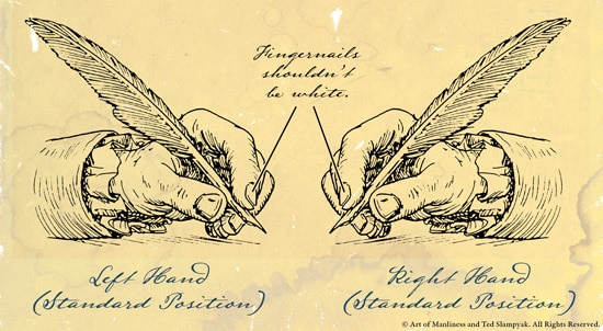 How to hold pen correctly Hand with quill illustration.