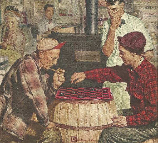 Painting two Men playing checkers on a barrel. 