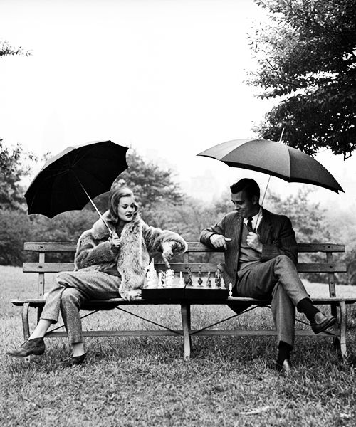 Couple playing Chess on Bench in Park.