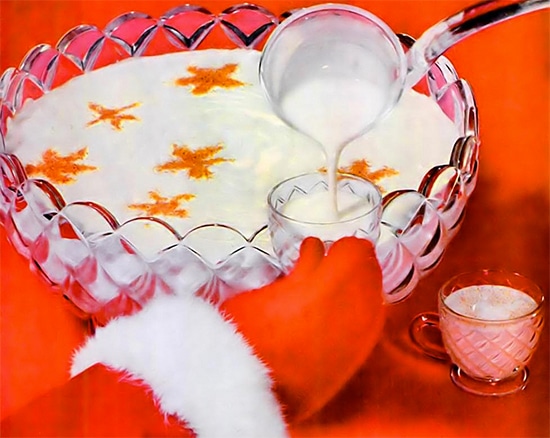 Vintage painting pouring Egg nog into Glass. 