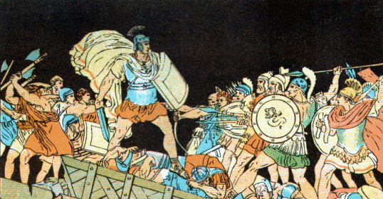 An illustration of men on a bridge.