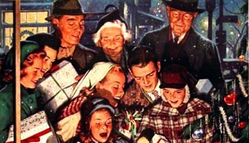 A Best christmas card featuring a group of people around a Christmas tree.