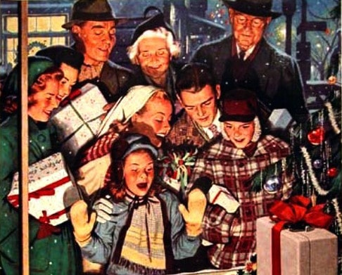 A Best christmas card featuring a group of people around a Christmas tree.