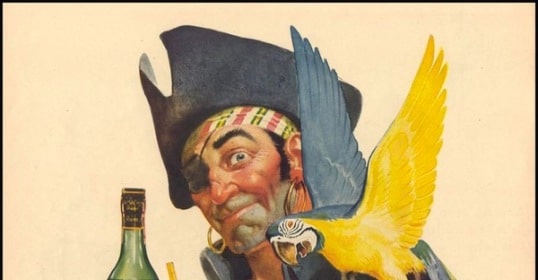 A man's St. Croix rum advertisement featuring a parrot and a bottle of liquor.