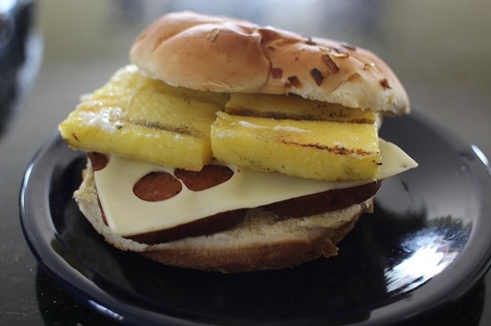 Spam Burger with Pineapple Mozzarella Cheese Hawaiian. 