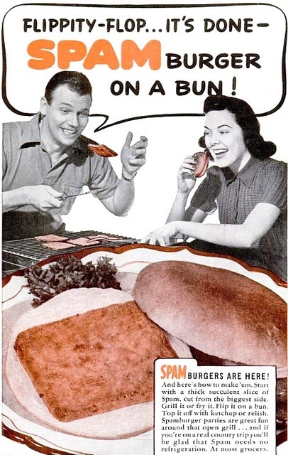 Vintage spam Burgers ad advertisement.