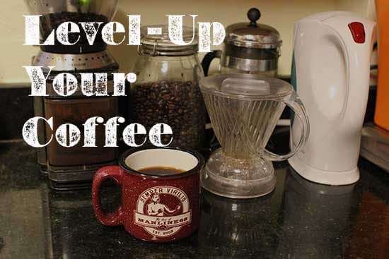 Coffee making supplies lined up on counter.