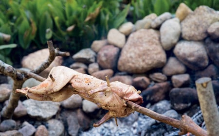 A campfire with a pan full of food, perfect for primal cooking.