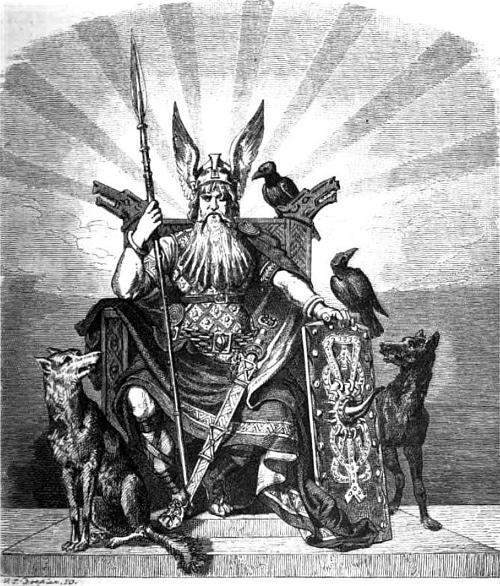 An old illustration of a viking seated on a throne from Viking Mythology.