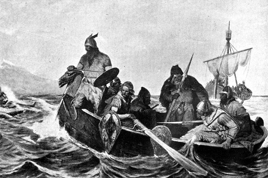 Viking norse warriors in boat on sea illustration. 