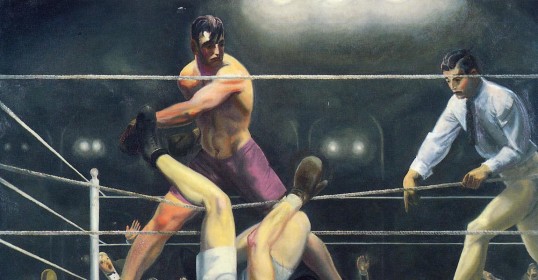 A painting of two men's challenge in a boxing ring.