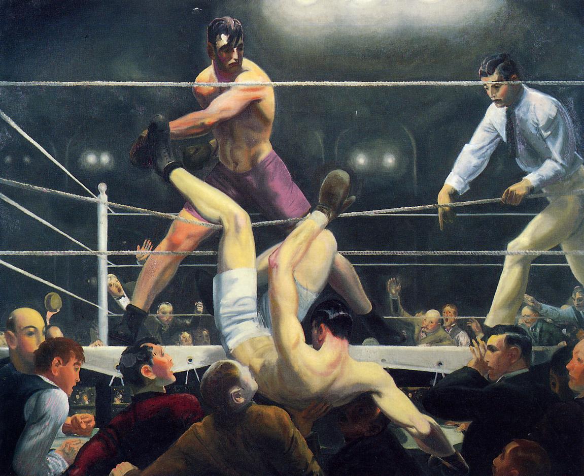A painting of two men's challenge in a boxing ring.