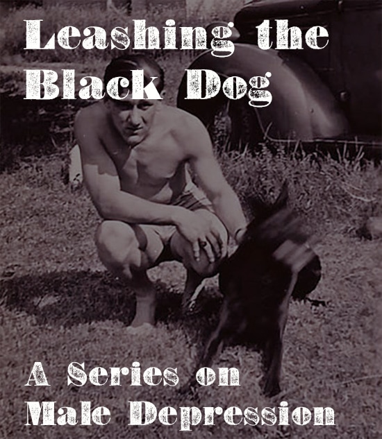 Vintage man leashing black dog male depression.