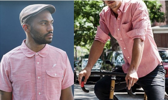 Men wearing pink chambray button shirts. 