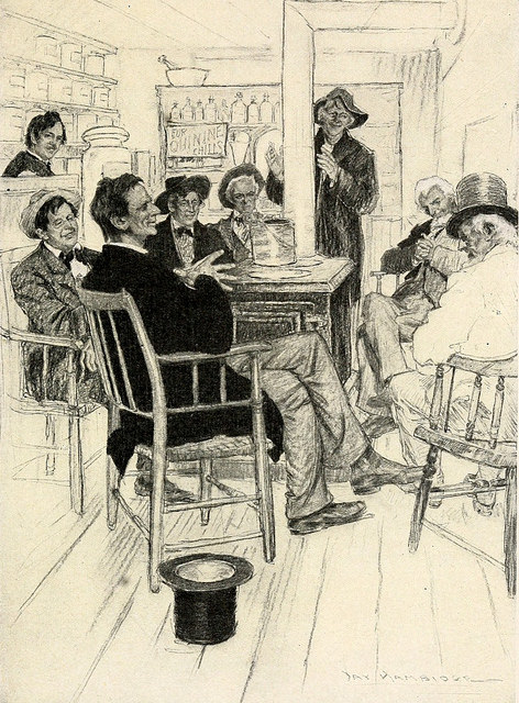 vintage illustration abraham lincoln sitting with friends telling stories jokes