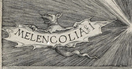 A drawing of a cat with the word melencolia on it that represents depression.