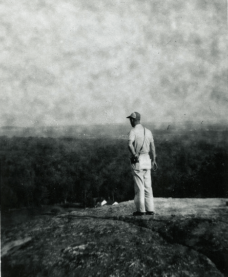 Vintage man on hilltop looking out over valley. 