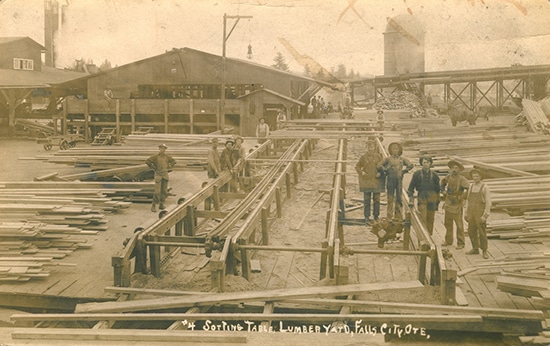 Vintage lumberyard men posing painting. 