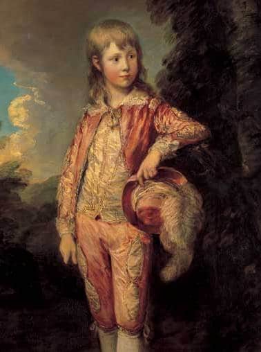 Painting of young boy wearing pink outfit. 