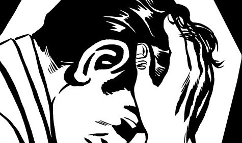 A black and white illustration of a man holding his head, expressing depression.