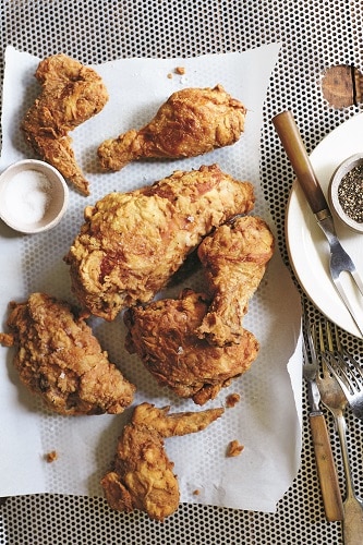 Fried chicken with tissue paper and folk.