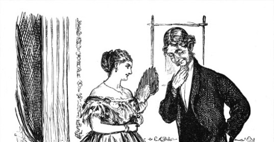An illustration of a man and woman in formal attire, engaging in the art of small talk.