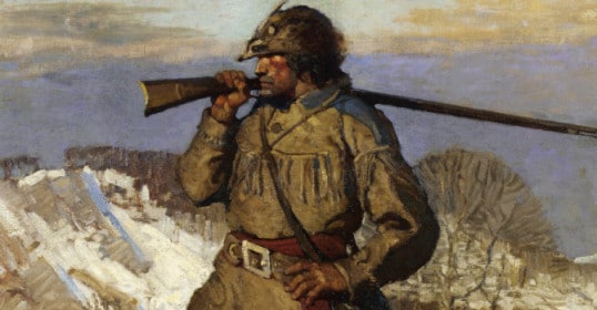 A vintage-style painting of a man holding a rifle in the snow, reminiscent of great-grandpa's daypacks.
