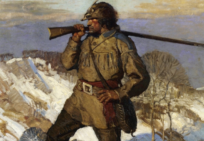 A vintage-style painting of a man holding a rifle in the snow, reminiscent of great-grandpa's daypacks.