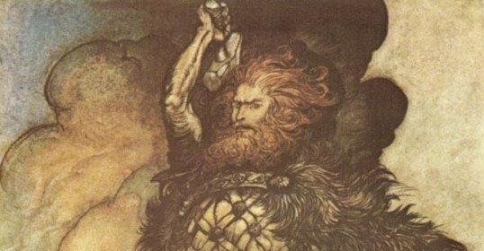An illustration of a man holding a hammer, inspired by Viking Mythology.