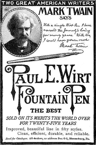 Mark Twain and Paul Wirt solding fountain pen advertisement. 