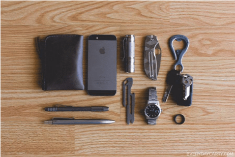 Edc everyday carry lineup phone wallet pens watch knife.