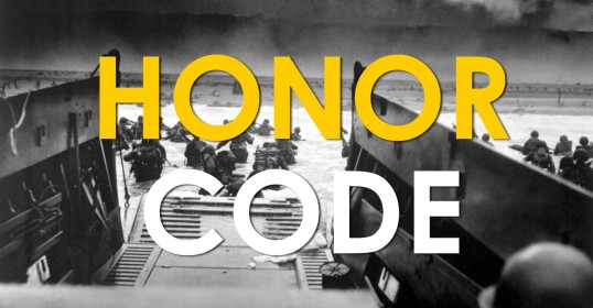 A black and white photo with the words honor code, inspired by a man's code of honor.