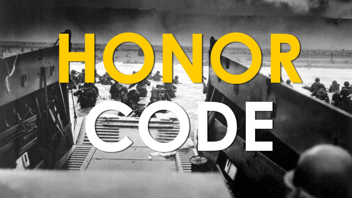 A black and white photo with the words honor code, inspired by a man's code of honor.