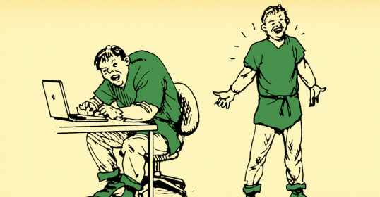 An illustration of a man sitting at a desk with a laptop, not slouching.