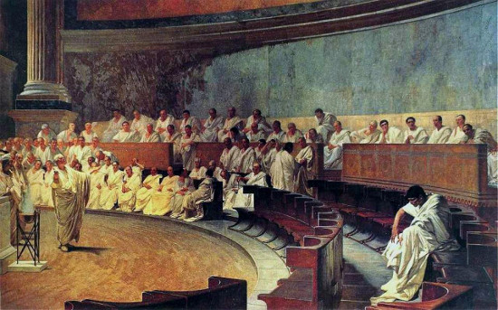 A painting of senate meeting in rome. 