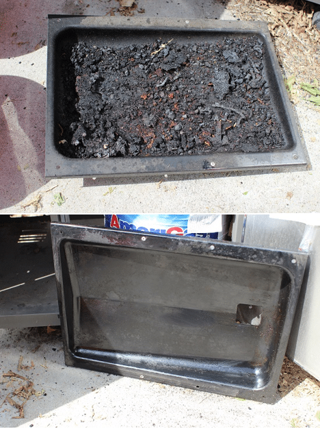 Before and after of the removable tray. Some of it will be loose, but some will probably need to be scraped off. I also used the sponge here to get at lease of that grease and grime off. It's not perfect, but are grills really supposed to be spotless?