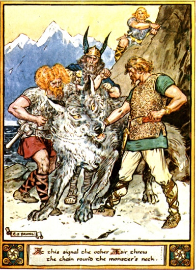 Tyr norse god giving arm to fenrir illustration painting.