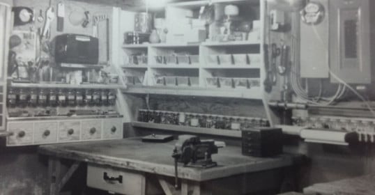 A black and white photo of a garage.