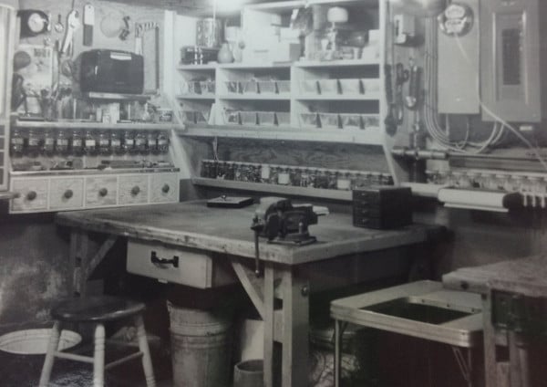 A black and white photo of a garage.