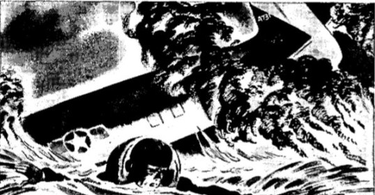 A black and white drawing of a plane in the water during WWII.