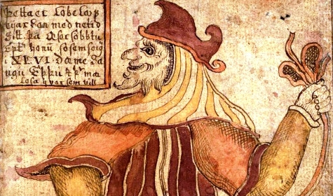 A drawing of a man holding a net inspired by Viking mythology.