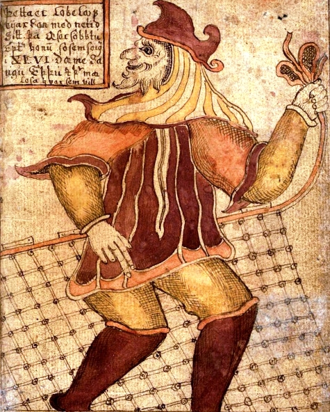 A drawing of a man holding a net inspired by Viking mythology.