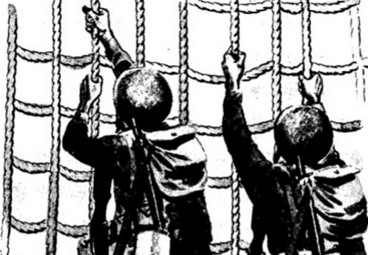 During WWII, two men are scaling the ship's ropes with impressive watermanship skills.