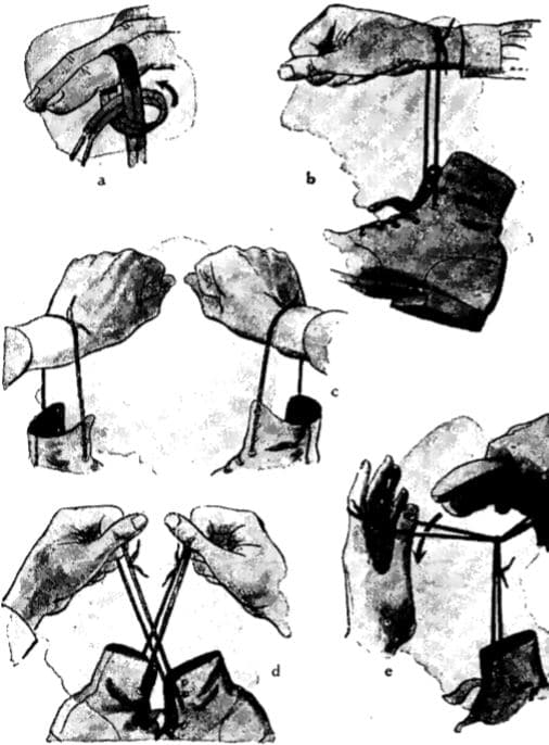 Removing shoes in water-Continued. a. W'ind both ends of shoe lace once around index finger and draw ends thronlgh loop, forming a knot. b. If lace is short, slip hand through loop so shoe will hang fromn waist; this leaves hand free. With long lace, bend loop over itself to form a slip noose for wrist. c. Re,move other shoe in the same way. d. Tread water and pass one shoe-lace loop through other. e. Pass either shoe through its own loop thus securing laces of both shoes. Hang shoes around neck and continue swimming.