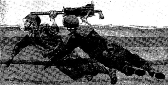Use one-arm side stroke to carry machine gun. This method can be used by strong swimmers for short distances.
