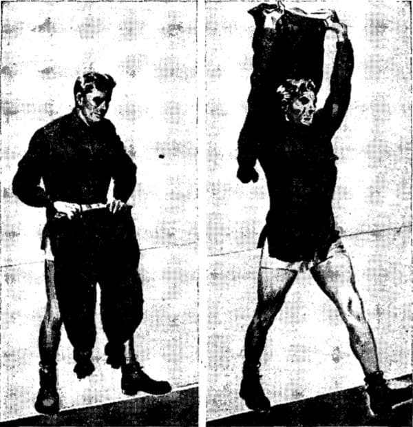 Jumping to use trousers as support in water. Tie knot at end of each trouser leg; button fly, flip trousers over head.