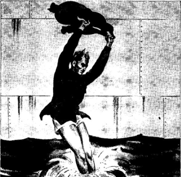 As feet hit water wrists flip forward bringing knuckles up as body enters water.