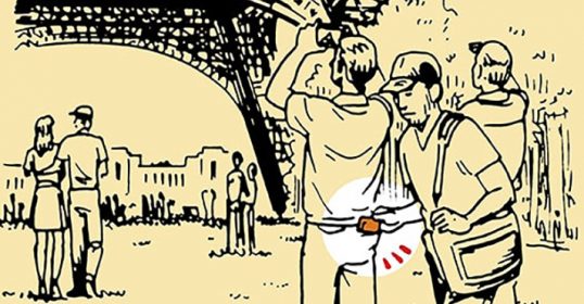 A drawing of people in front of the Eiffel Tower, capturing the bustling atmosphere.